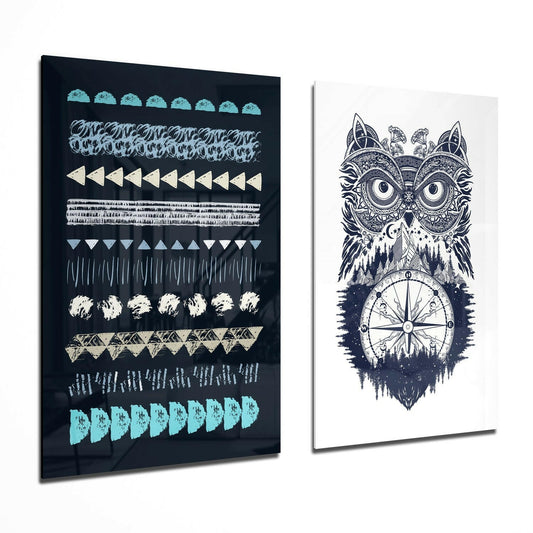 Owl and Shapes 2 Pieces Combine Glass Wall Art | Insigne Art Design.