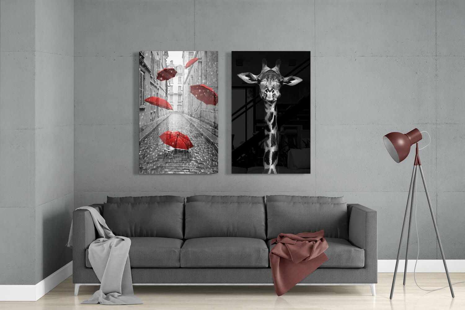 Giraffe and Umbrellas 2 Pieces Combine Glass Wall Art | Insigne Art Design.