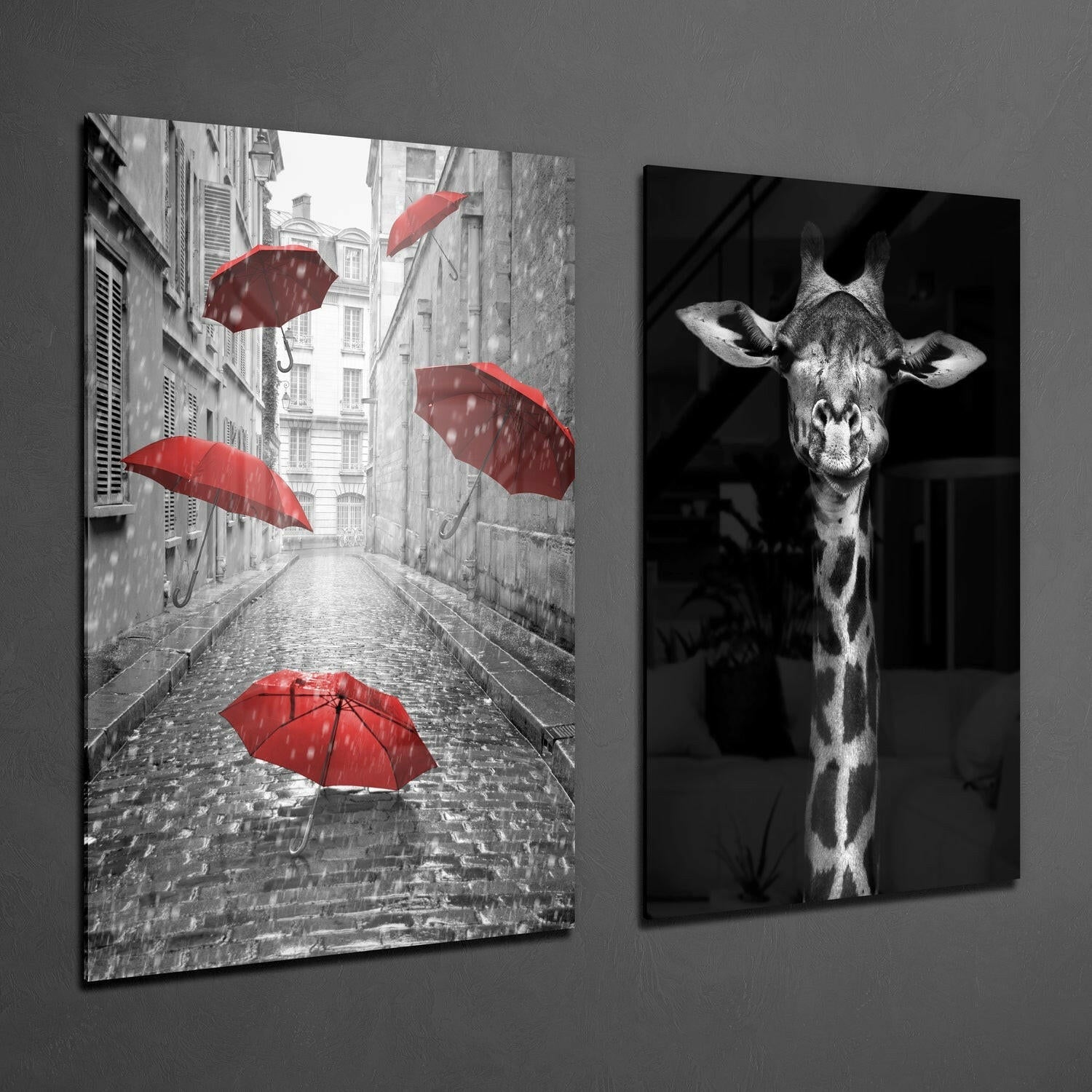 Giraffe and Umbrellas 2 Pieces Combine Glass Wall Art | Insigne Art Design.