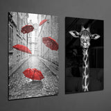 Giraffe and Umbrellas 2 Pieces Combine Glass Wall Art | Insigne Art Design