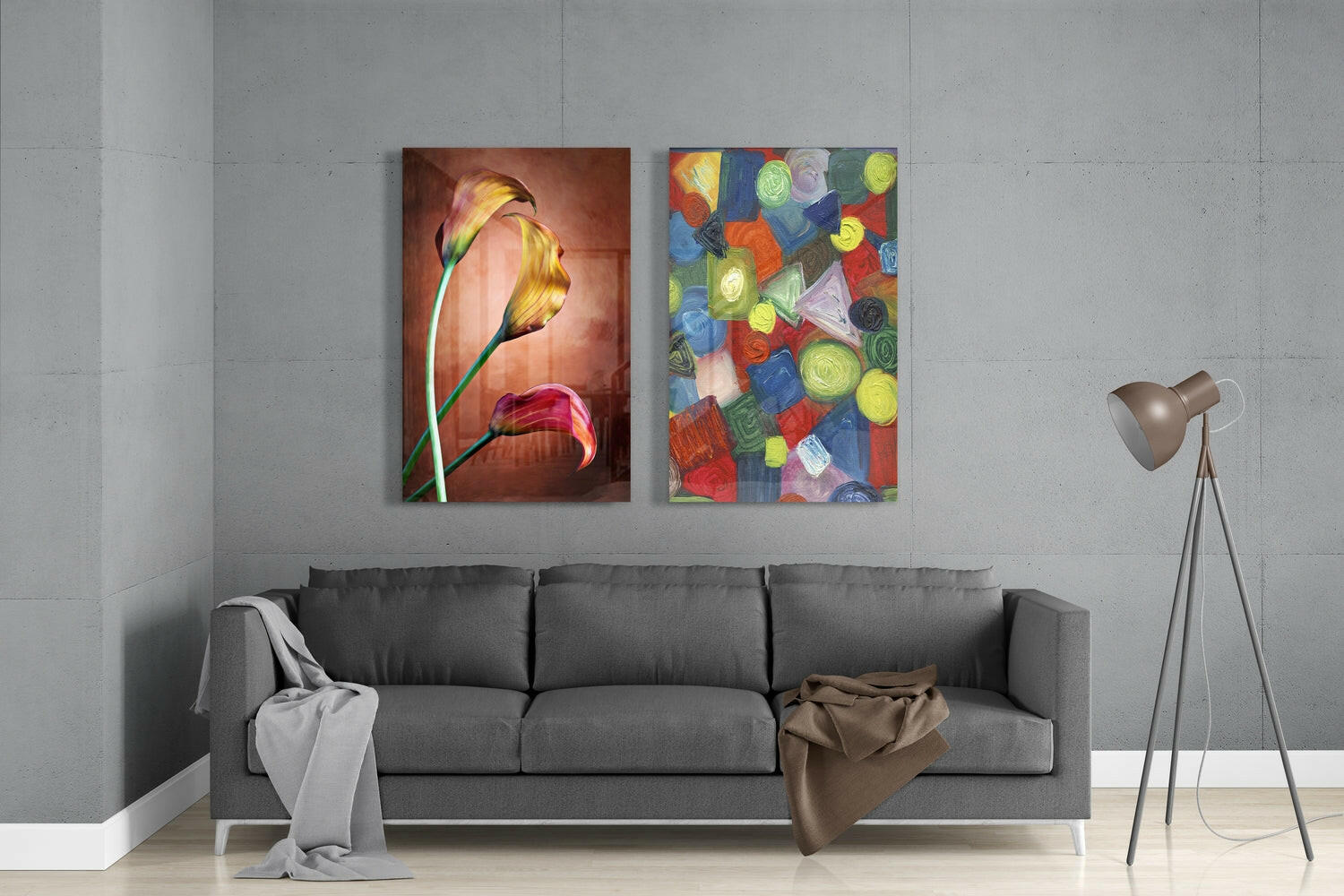Tulips and Shapes 2 Pieces Combine Glass Wall Art | Insigne Art Design.