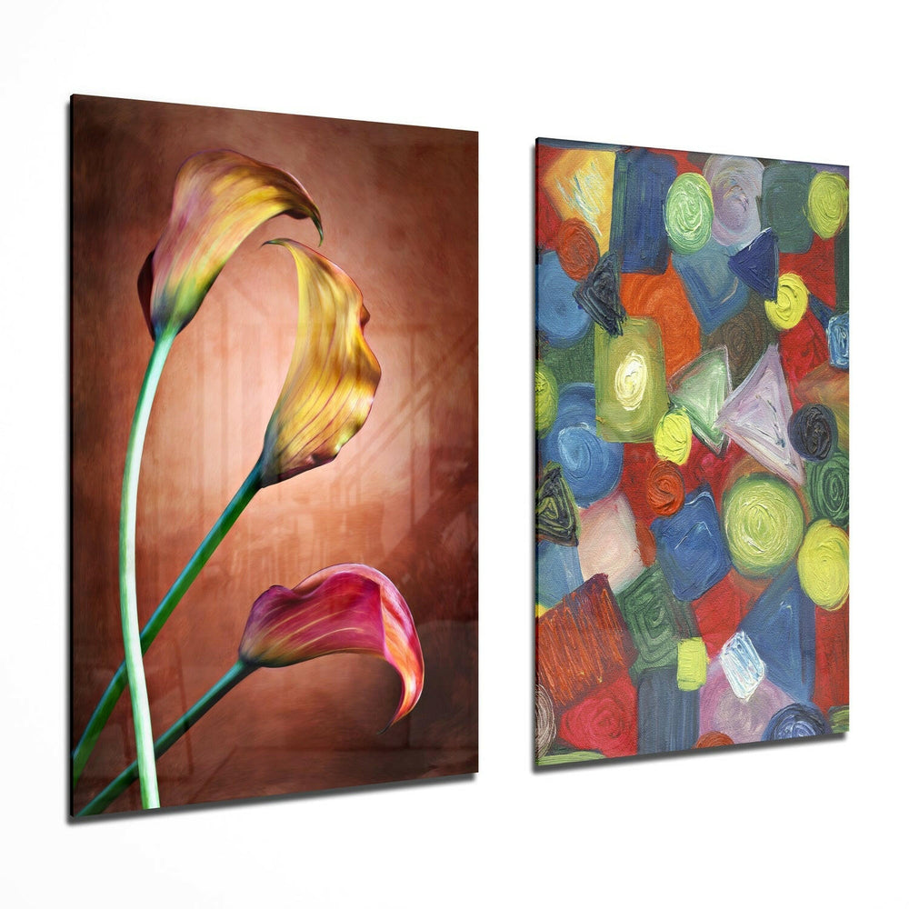 Tulips and Shapes 2 Pieces Combine Glass Wall Art | Insigne Art Design.