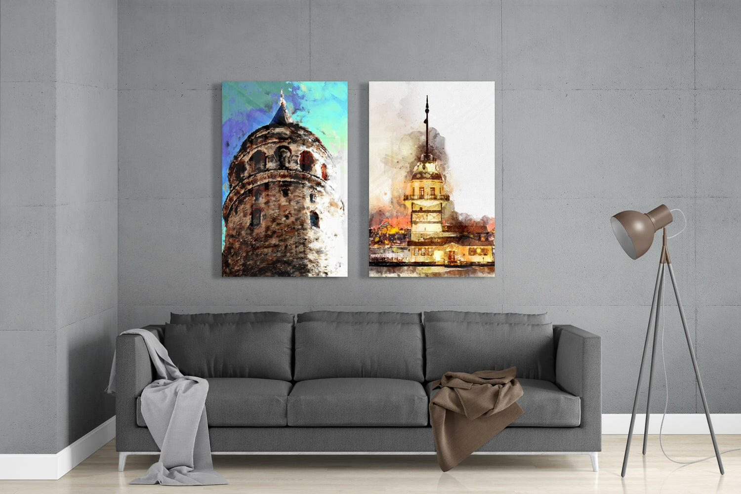 Galata Tower and Maiden's Tower 2 Pieces Combine Glass Wall Art | Insigne Art Design.