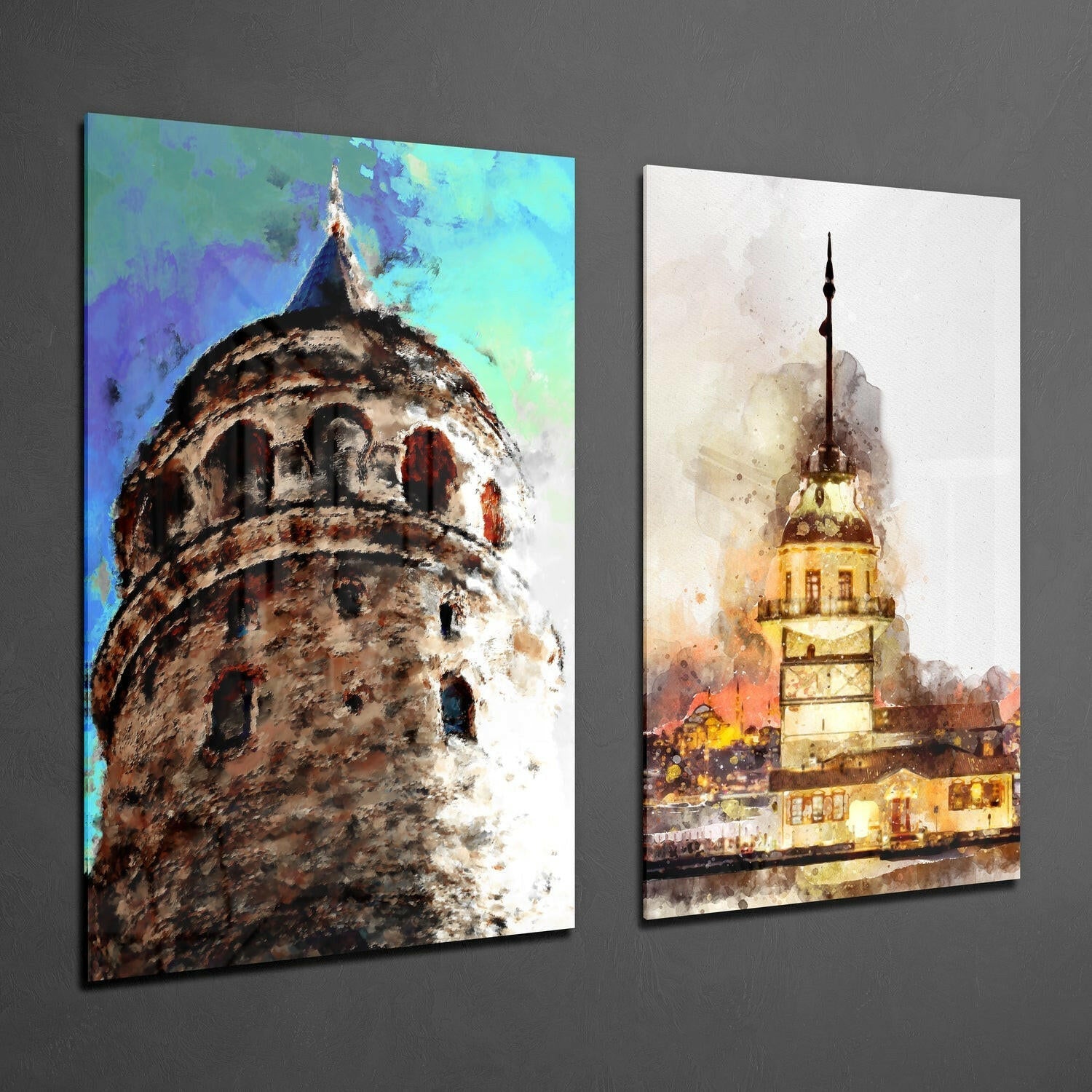 Galata Tower and Maiden's Tower 2 Pieces Combine Glass Wall Art | Insigne Art Design.