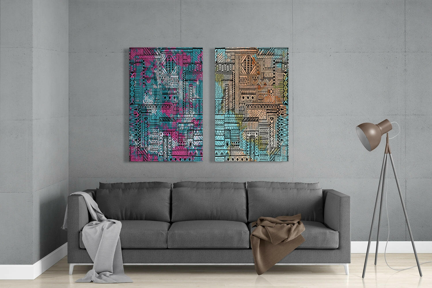 Ethnic Patherns 2 Pieces Combine Glass Wall Art | Insigne Art Design.