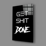 Hustle-mantra panel bringing graphic punch to a co-working corner