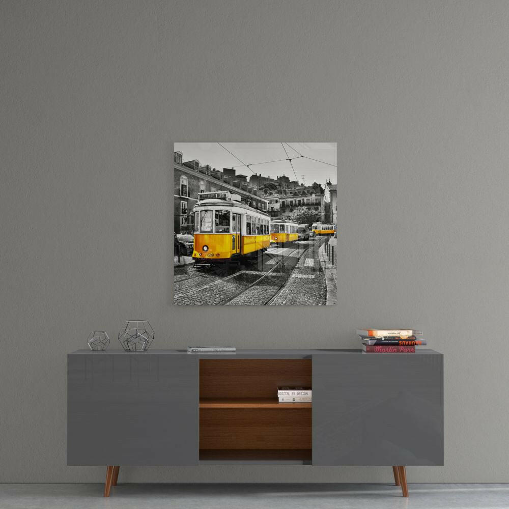 Lisbon Yellow Tram Glass Wall Art.