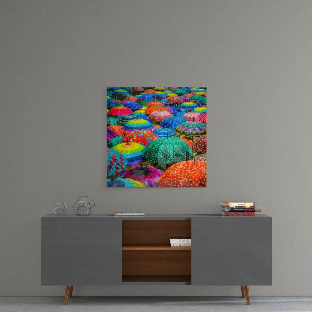 Colorful Umbrellas Glass Wall Art.