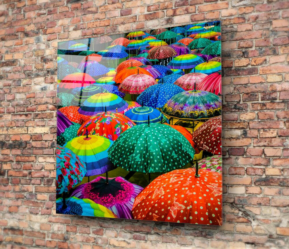 Colorful Umbrellas Glass Wall Art.