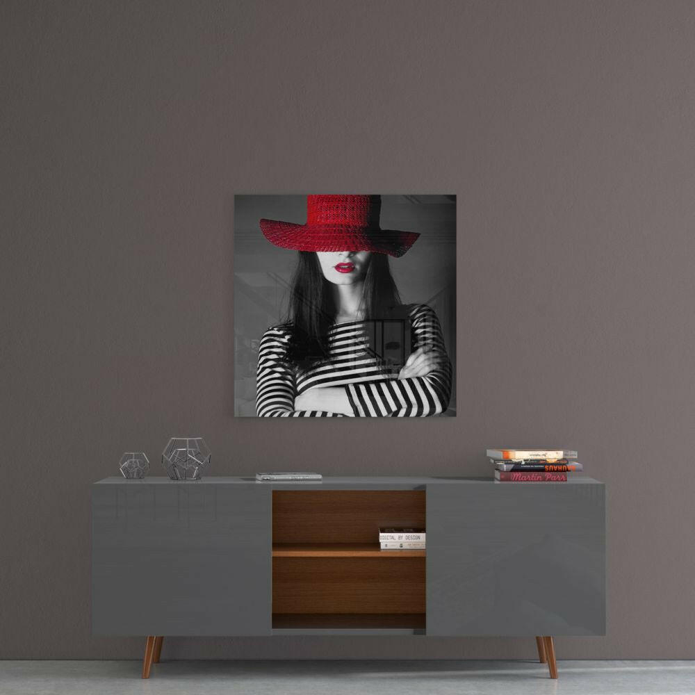Woman in Red Hat Glass Wall Art.