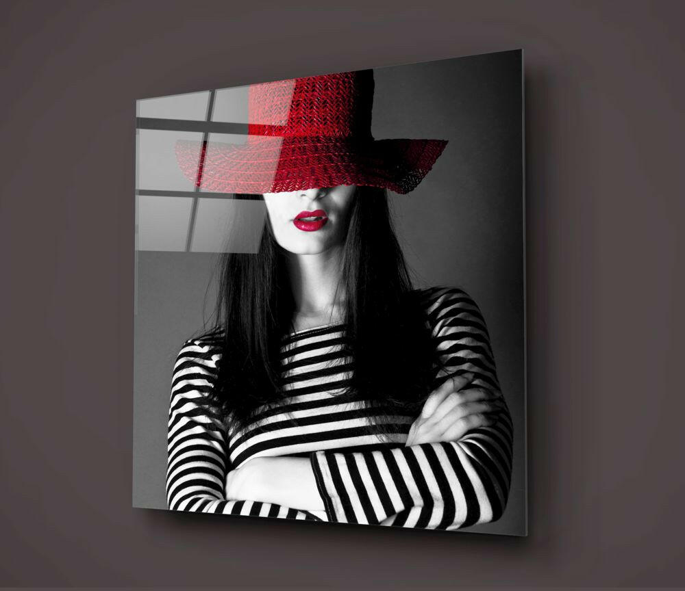 Woman in Red Hat Glass Wall Art.