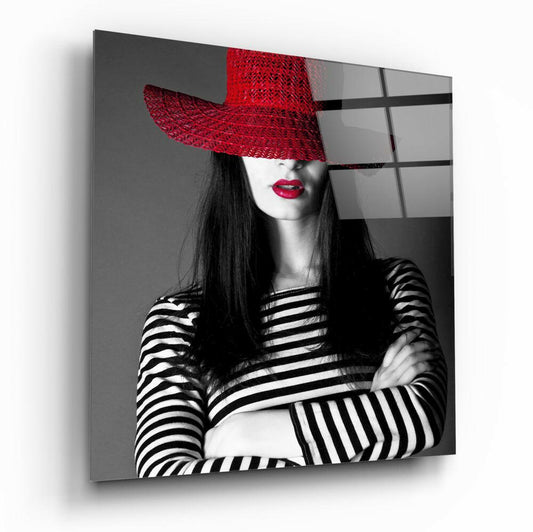 Woman in Red Hat Glass Wall Art.