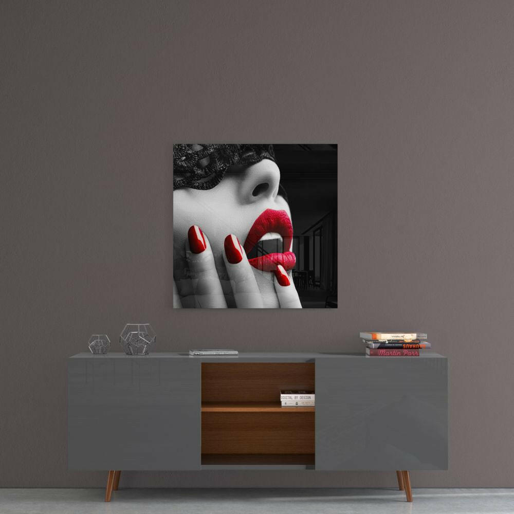 Red Lipstick Woman Glass Wall Art.