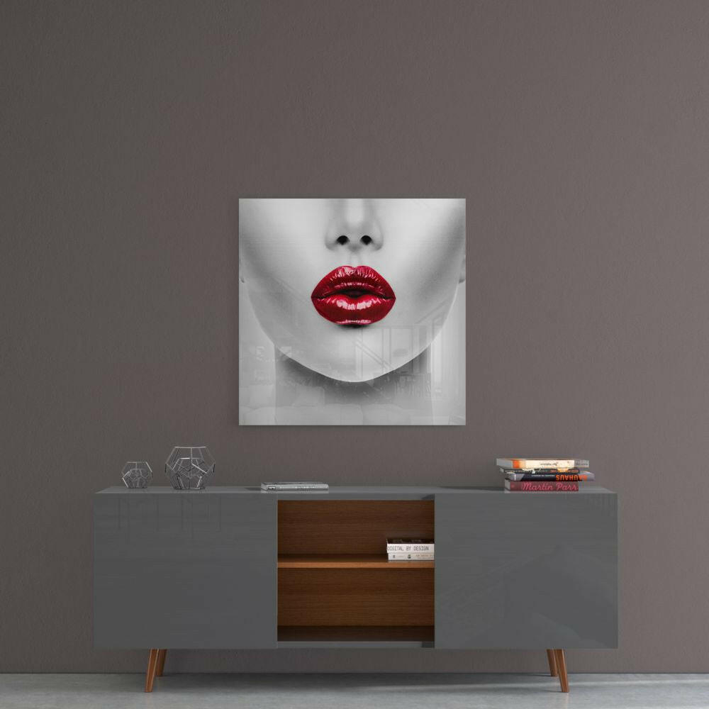 Red Lipstick Woman Glass Wall Art.