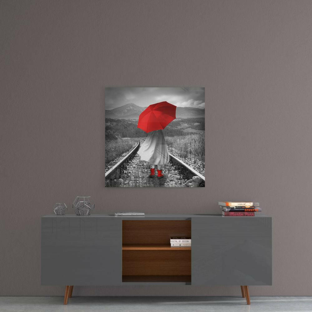 Girl with Red Umbrella Glass Wall Art.