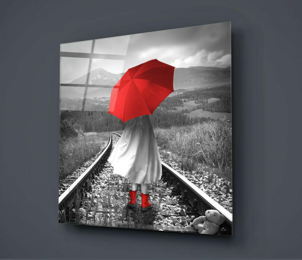 Girl with Red Umbrella Glass Wall Art.