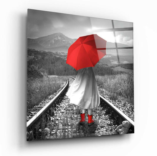 Girl with Red Umbrella Glass Wall Art.