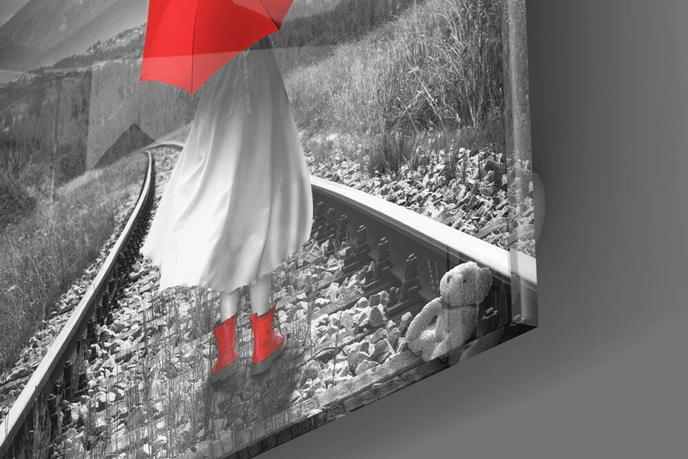 Girl with Red Umbrella Glass Wall Art.