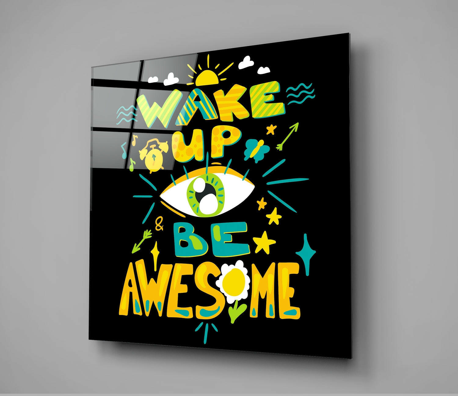 “Wake Up” Glass Wall Art.
