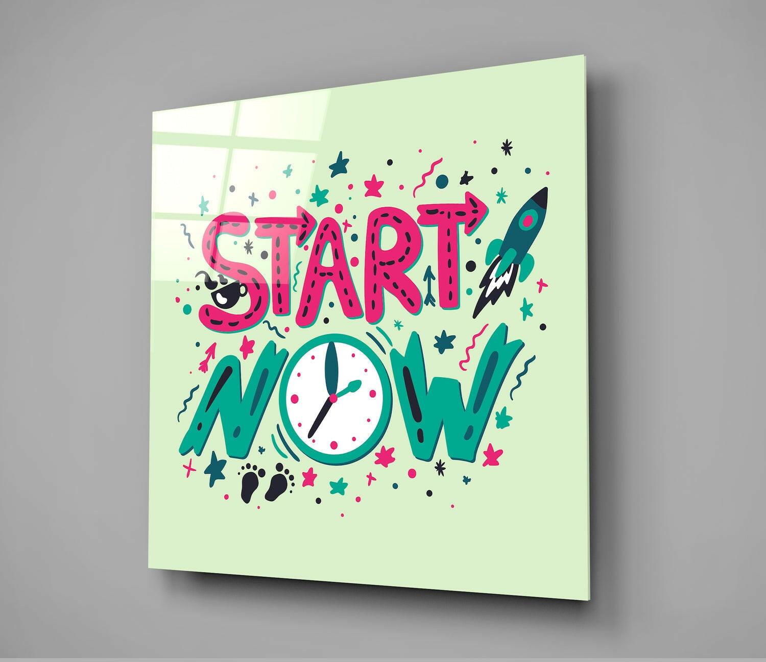 “Start Now” Glass Wall Art.