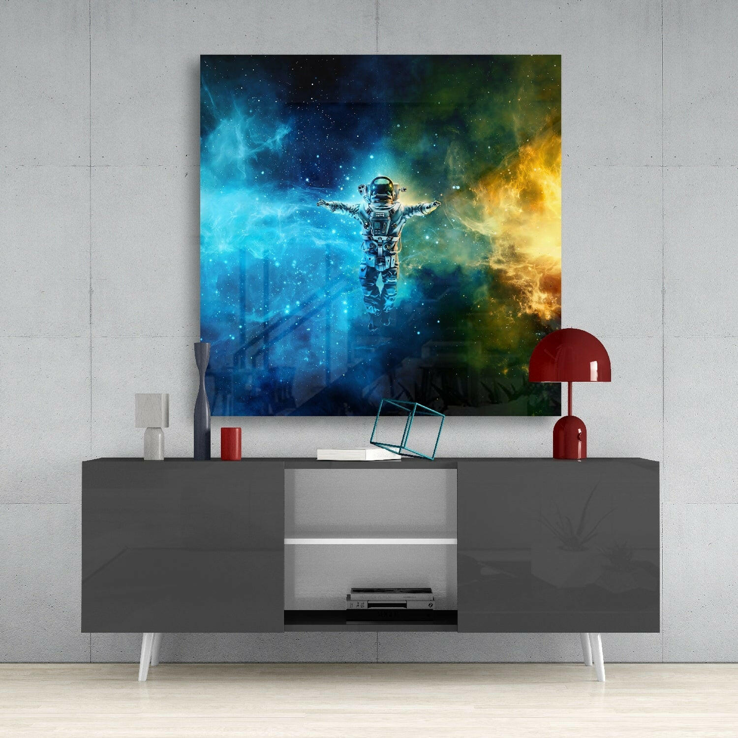 Astronaut in Space Glass Wall Art.