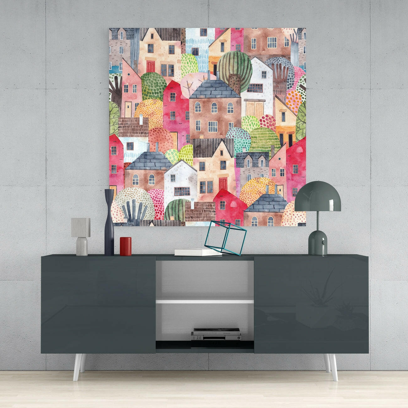 Cute Houses Glass Wall Art | Insigne Art Design.