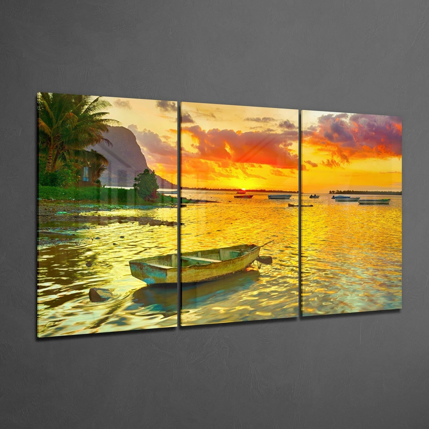 Sunset and Boat Glass Wall Art.