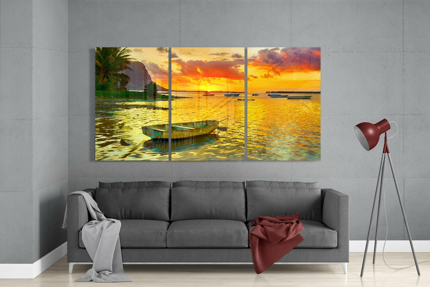 Sunset and Boat Glass Wall Art.