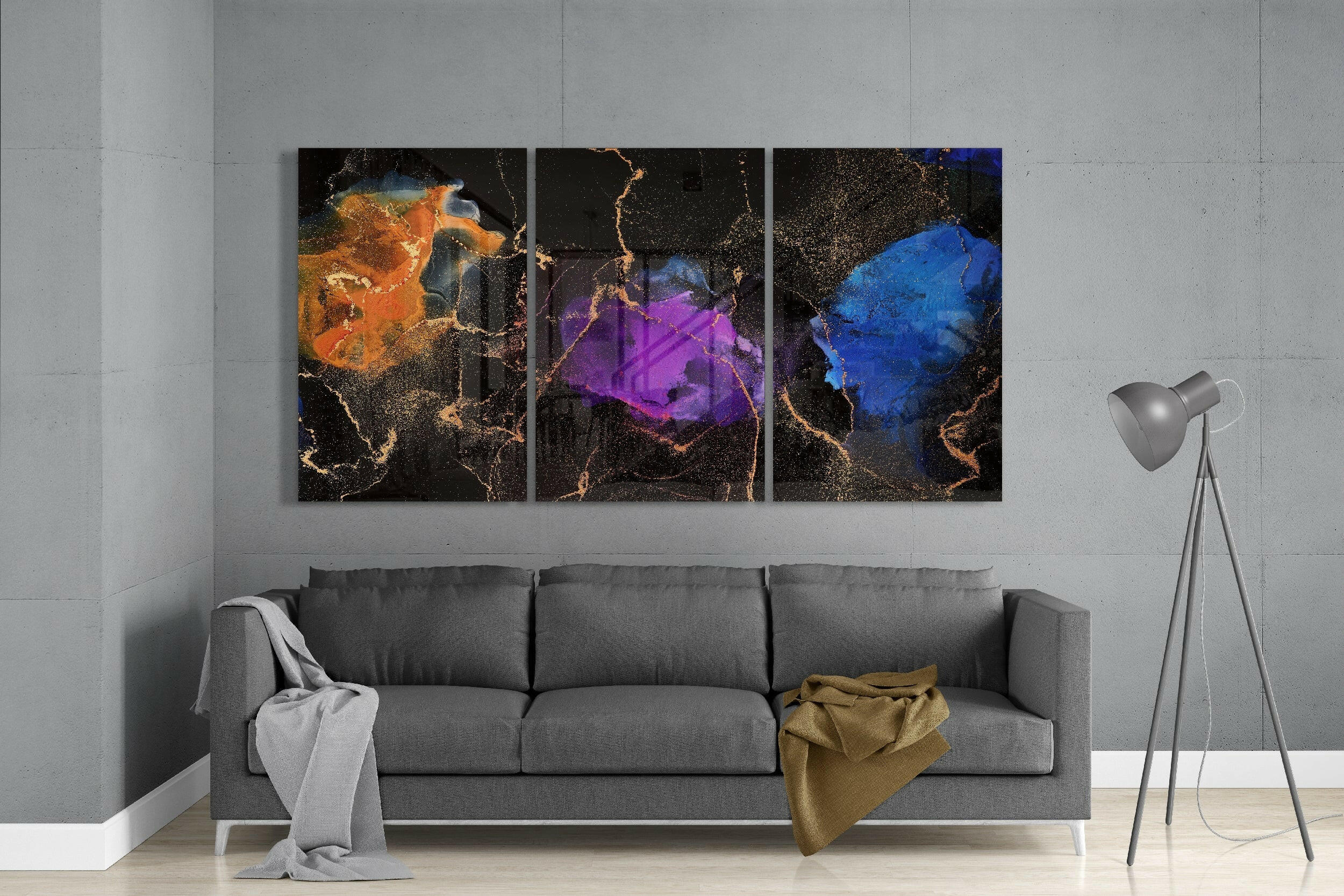 Orange, Blue, Purple Glass Art.