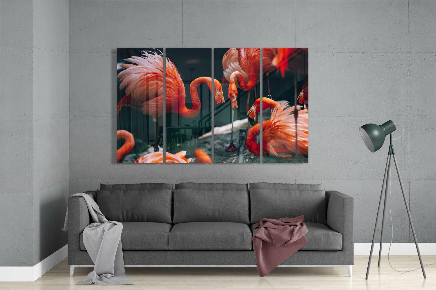Flamingos 4 Pieces Mega Glass Wall Art (59"x36") | Insigne Art Design.