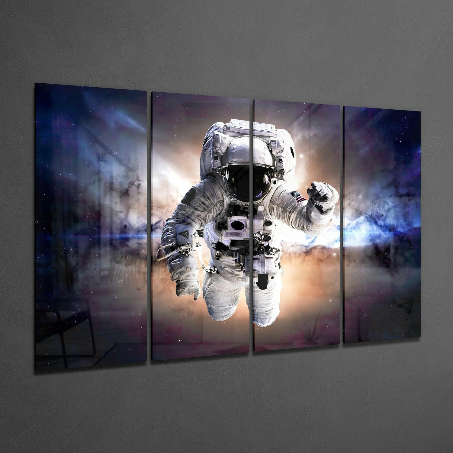 Astronaut  4 Pieces Mega Glass Wall Art (59"x36") | Insigne Art Design.