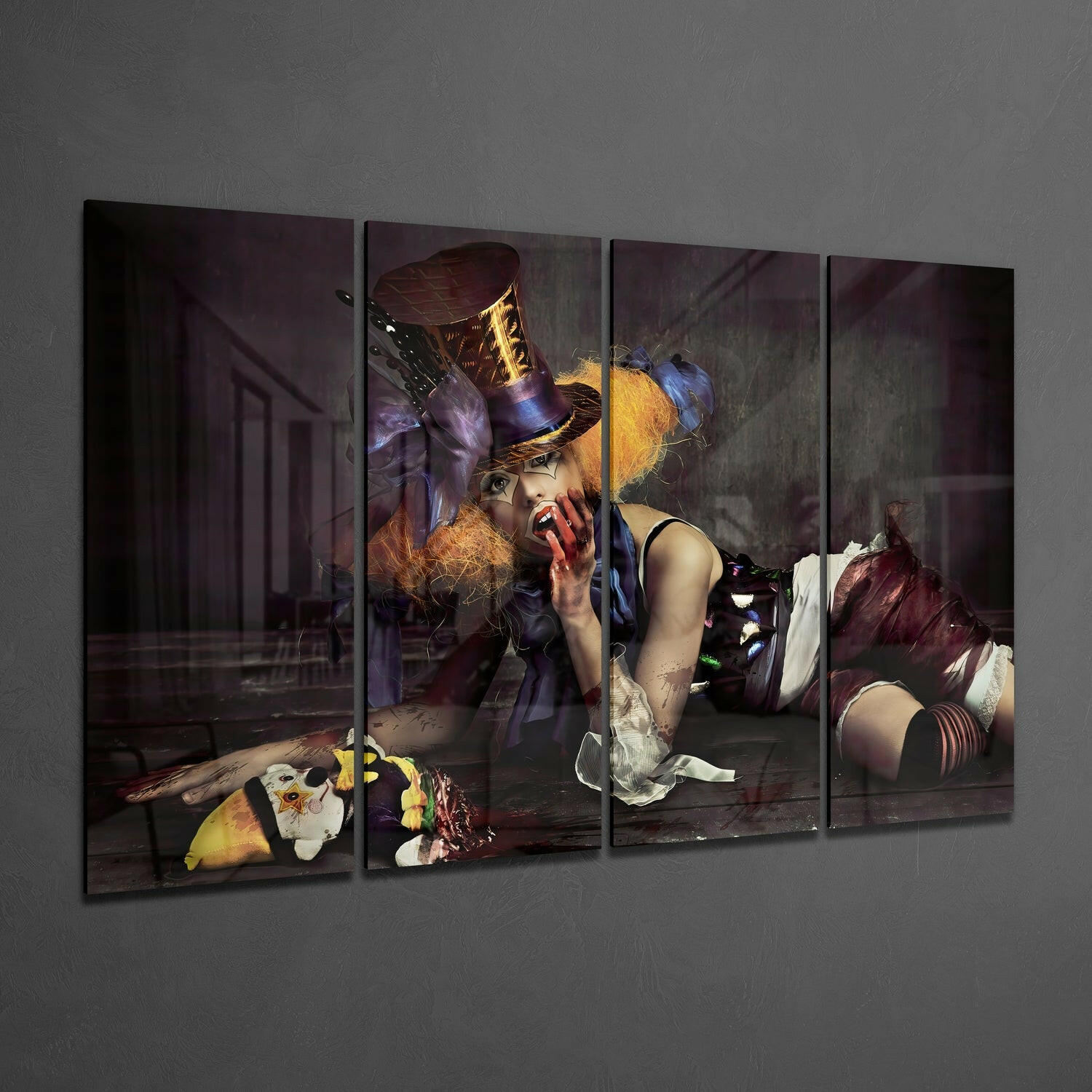 Woman Clown 4 Pieces Mega Glass Wall Art (59"x36") | Insigne Art Design.