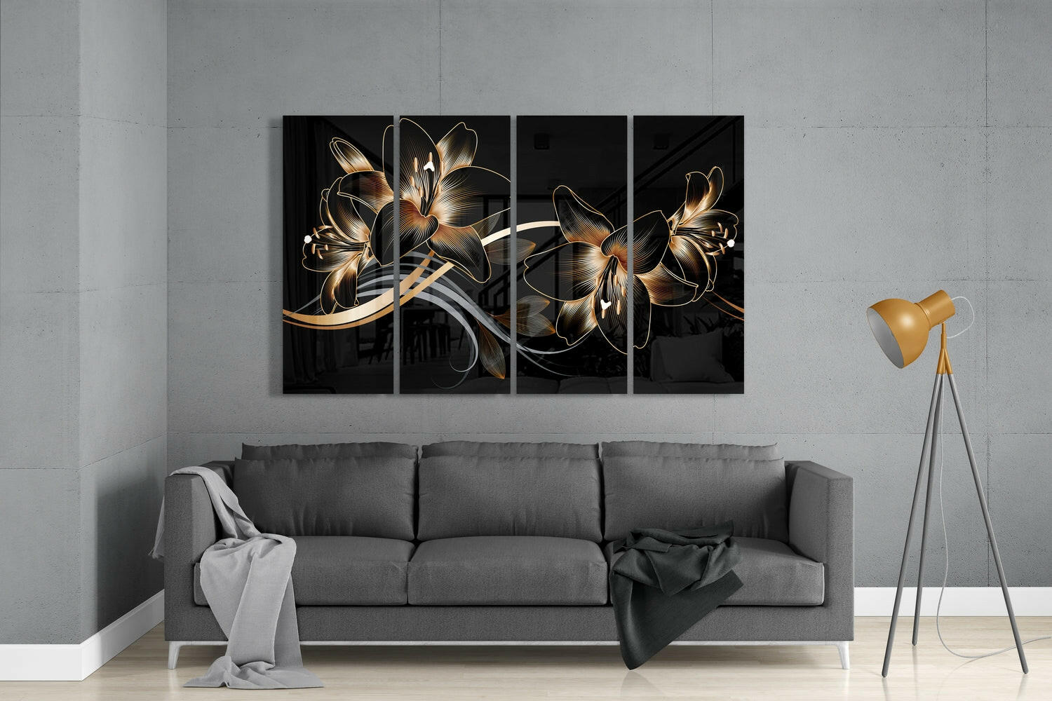 Flower Wave 4 Pieces Mega Glass Wall Art (59"x36") | Insigne Art Design.