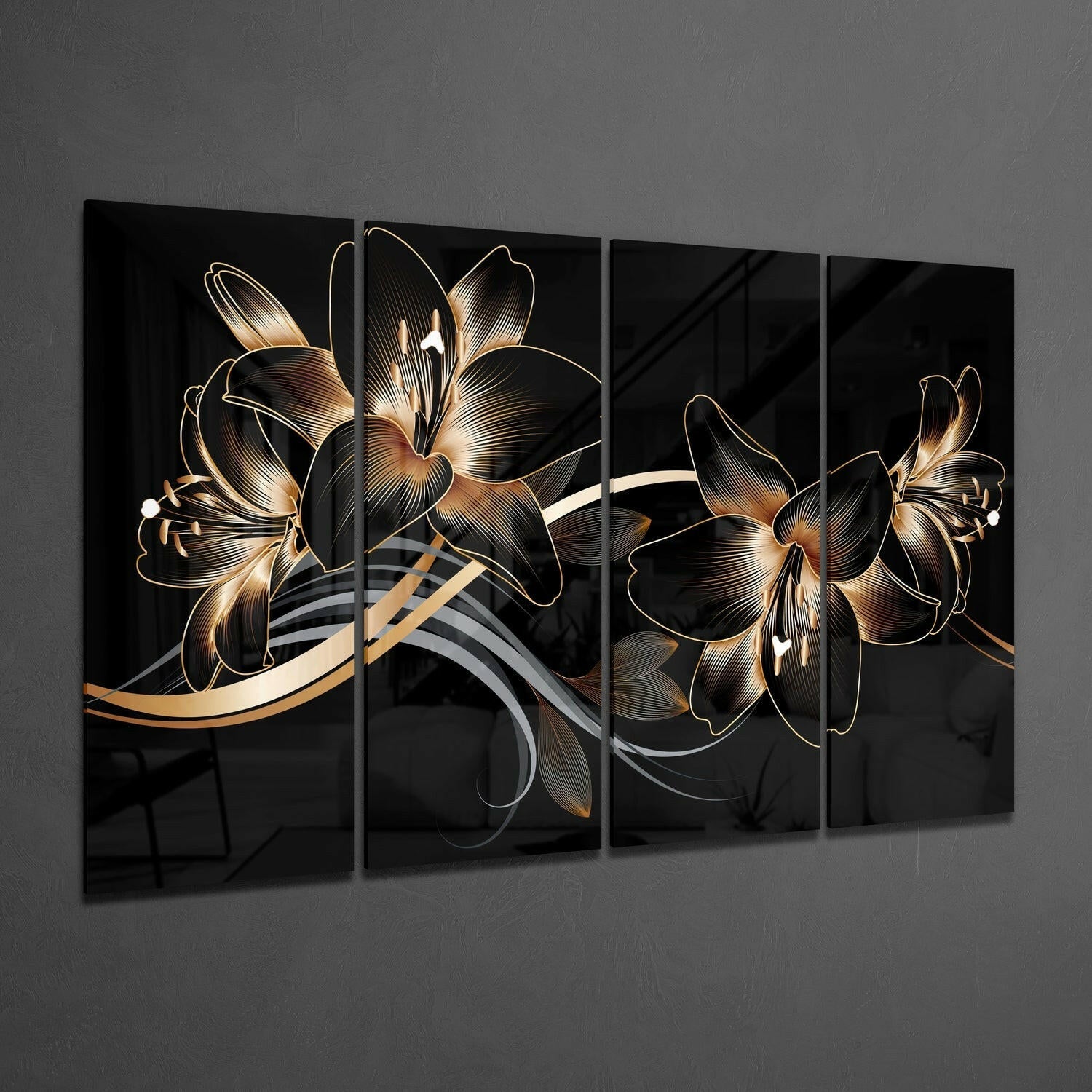 Flower Wave 4 Pieces Mega Glass Wall Art (59"x36") | Insigne Art Design.