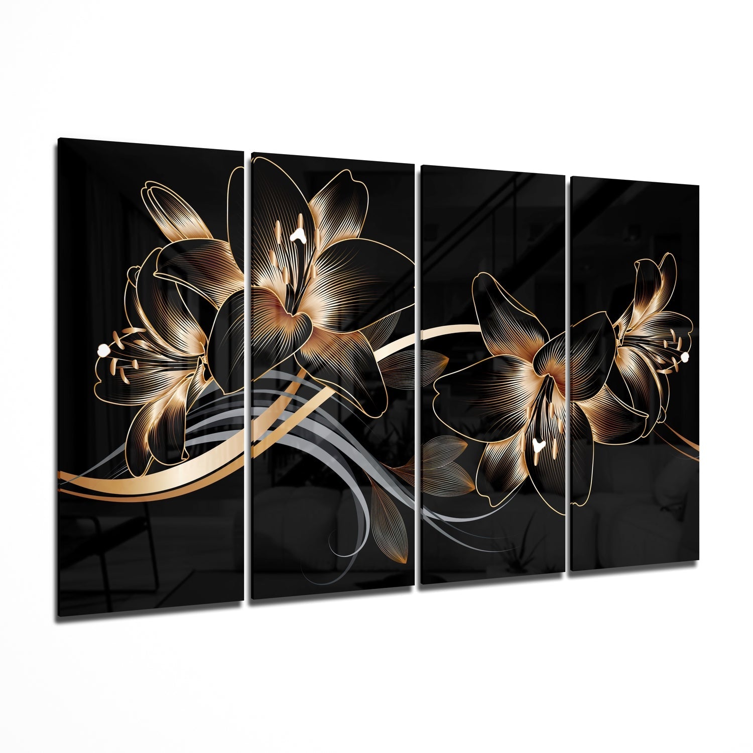Flower Wave 4 Pieces Mega Glass Wall Art (59"x36") | Insigne Art Design