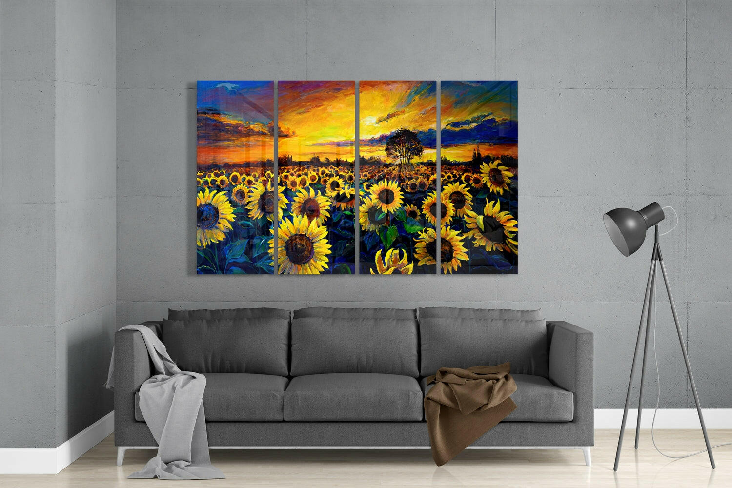 Sunflowers 4 Pieces Mega Glass Wall Art (59"x36") | Insigne Art Design.