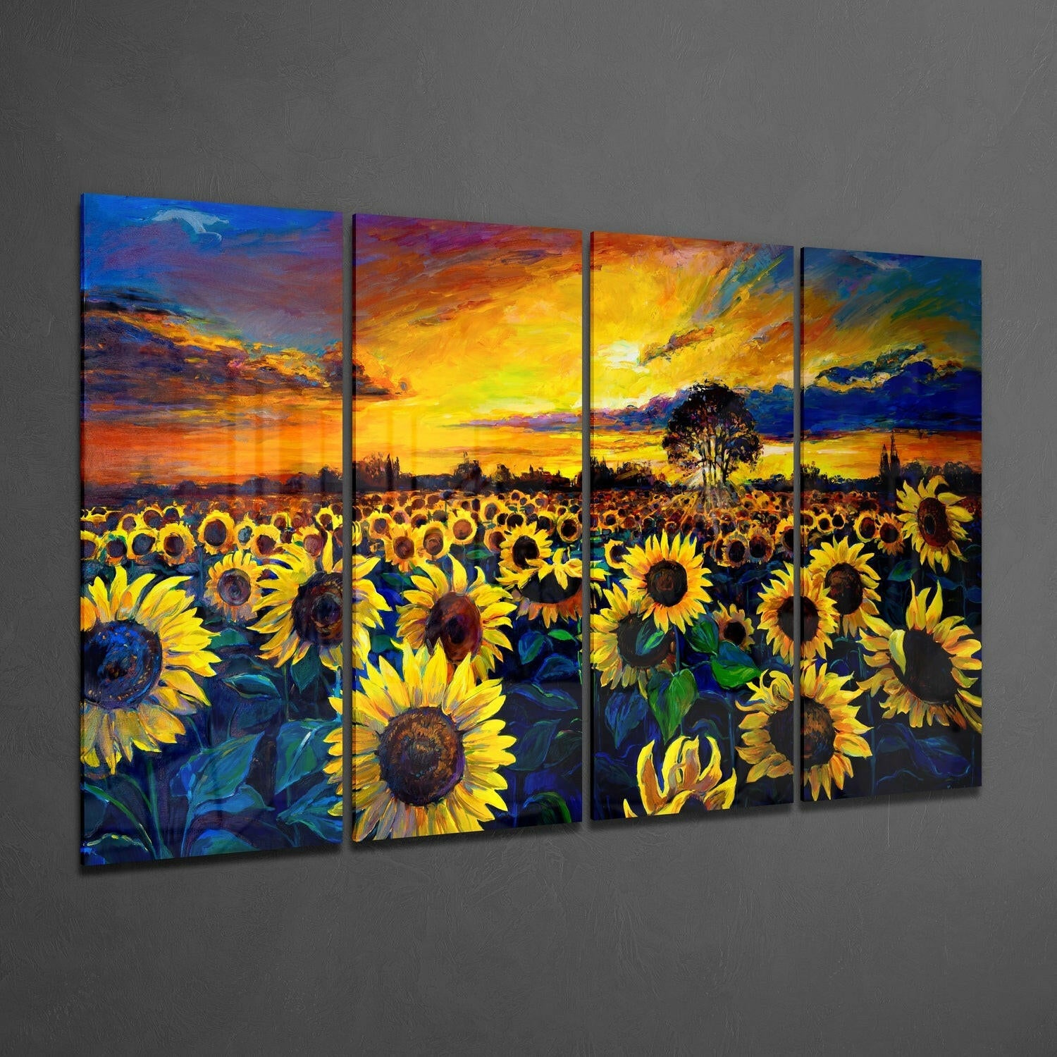 Sunflowers 4 Pieces Mega Glass Wall Art (59"x36") | Insigne Art Design.