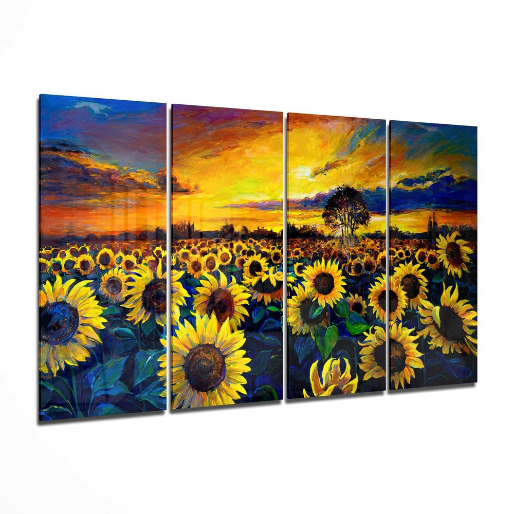Sunflowers 4 Pieces Mega Glass Wall Art (59"x36") | Insigne Art Design.