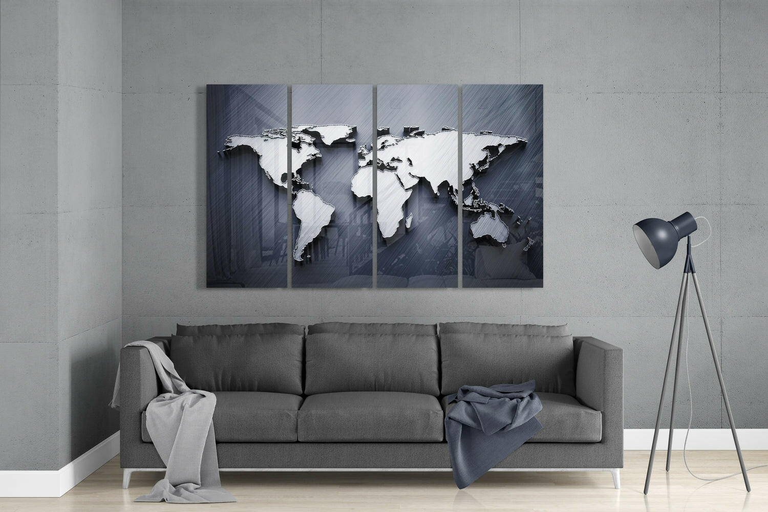 World Map 4 Pieces Mega Glass Wall Art (59"x36") | Insigne Art Design.
