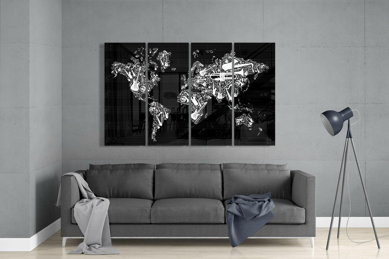 World Map 4 Pieces Mega Glass Wall Art (59"x36") | Insigne Art Design.