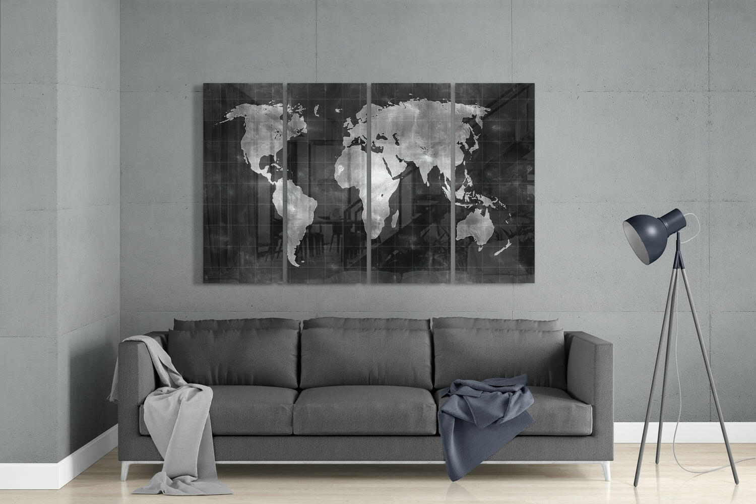 World Map 4 Pieces Mega Glass Wall Art (59"x36") | Insigne Art Design.