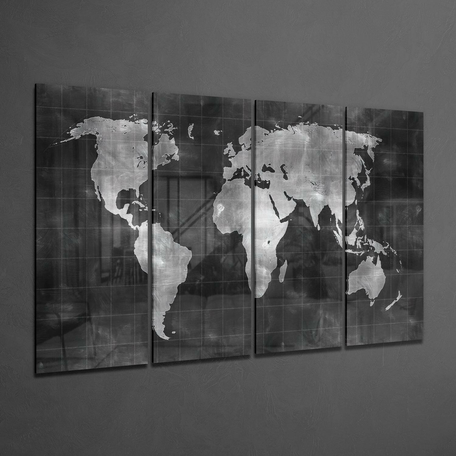 World Map 4 Pieces Mega Glass Wall Art (59"x36") | Insigne Art Design.