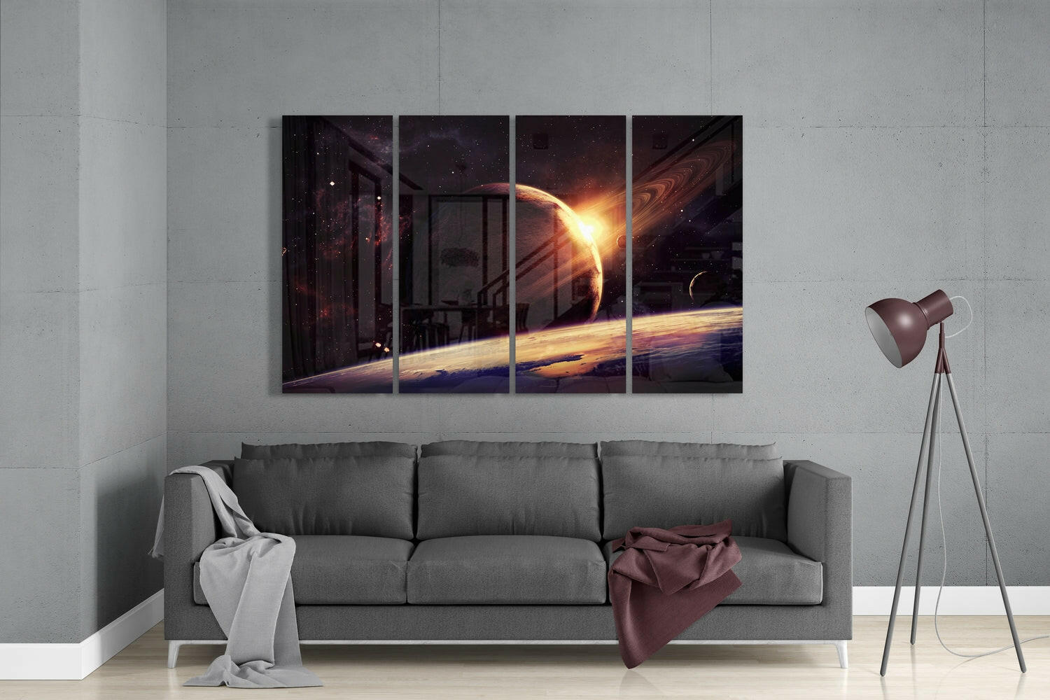 Sunset at the Space 4 Pieces Mega Glass Wall Art (59"x36") | Insigne Art Design.