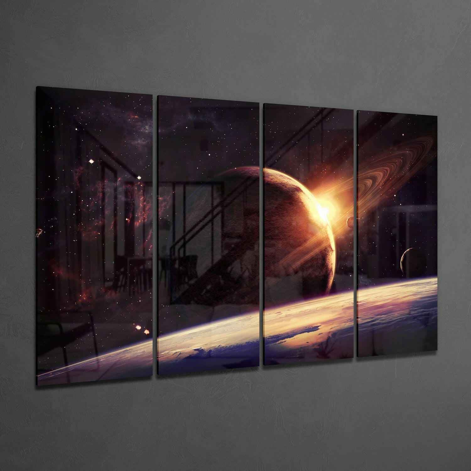 Sunset at the Space 4 Pieces Mega Glass Wall Art (59"x36") | Insigne Art Design.