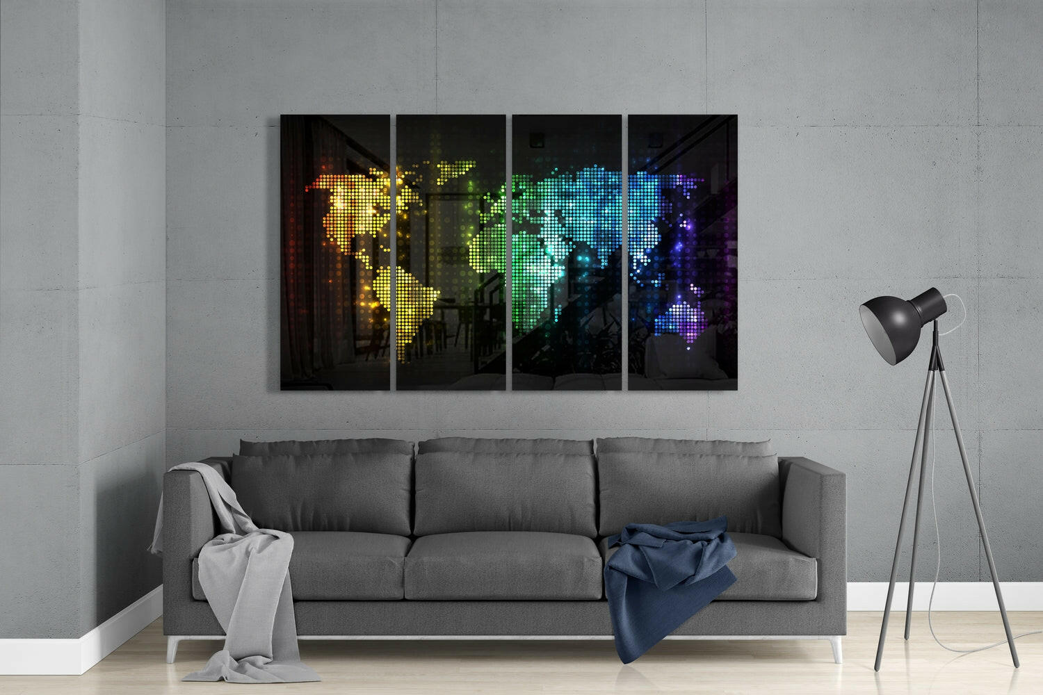 World Map 4 Pieces Mega Glass Wall Art (59"x36") | Insigne Art Design.