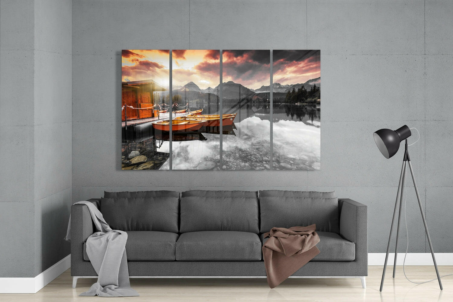 Sunset and Boats 4 Pieces Mega Glass Wall Art (59"x36") | Insigne Art Design.
