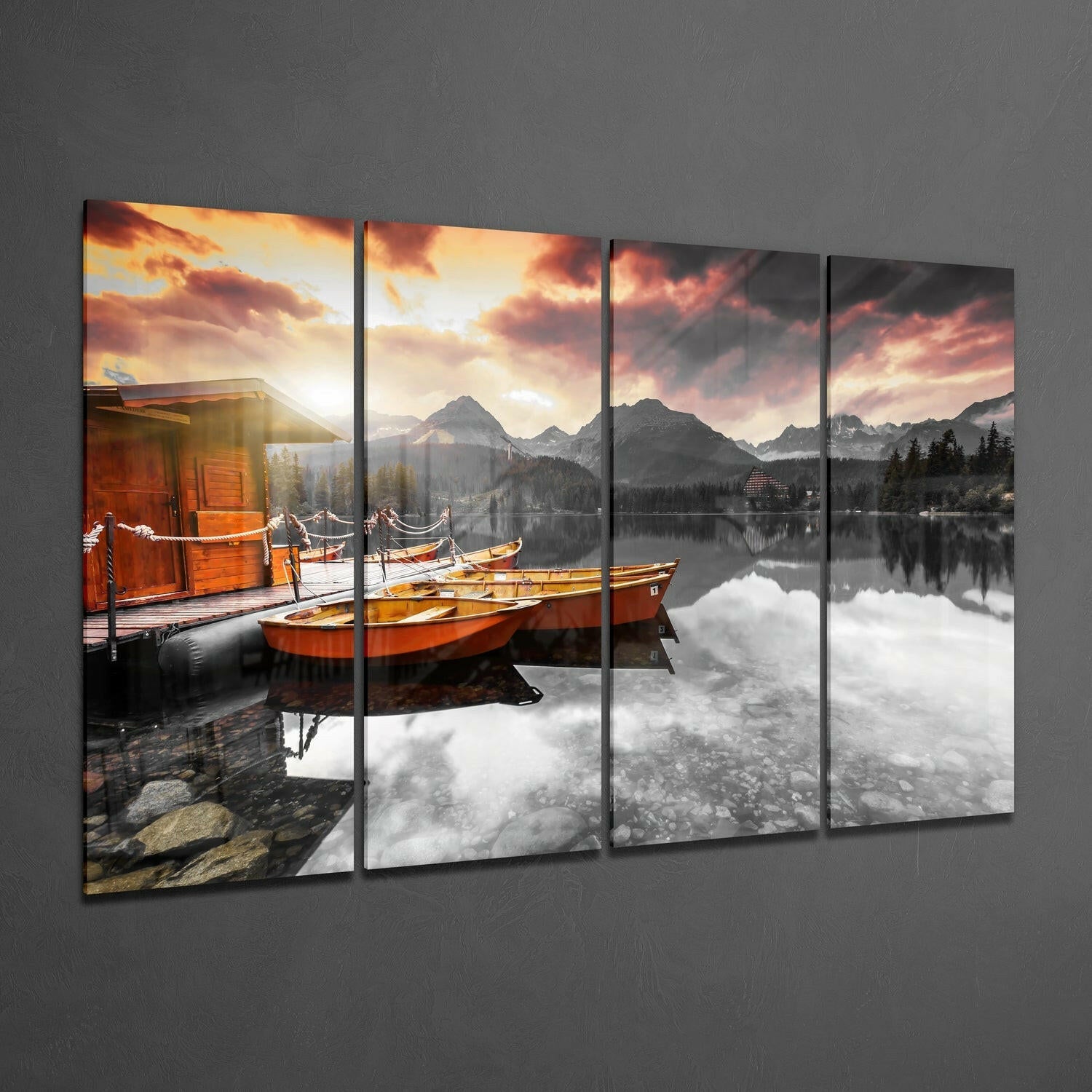 Sunset and Boats 4 Pieces Mega Glass Wall Art (59"x36") | Insigne Art Design.