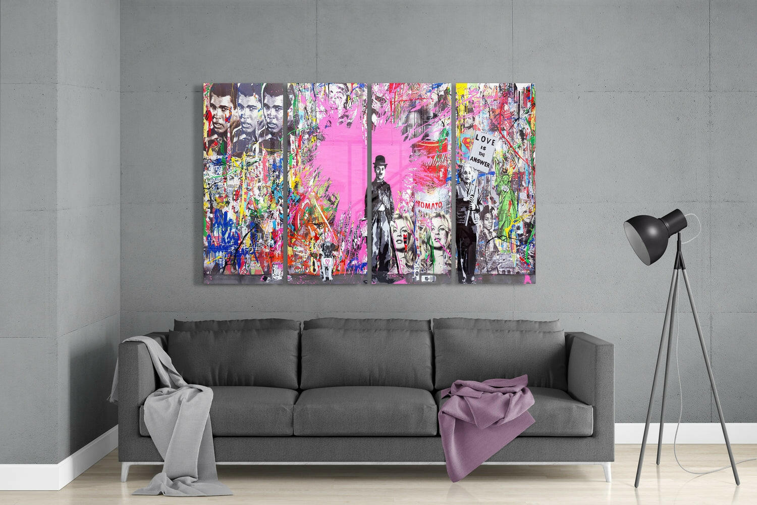 Charlie, Einstein and Banksy 4 Pieces Mega Glass Wall Art (59"x36") | Insigne Art Design.