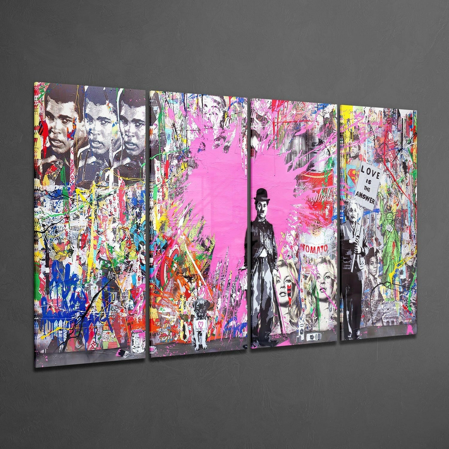 Charlie, Einstein and Banksy 4 Pieces Mega Glass Wall Art (59"x36") | Insigne Art Design.