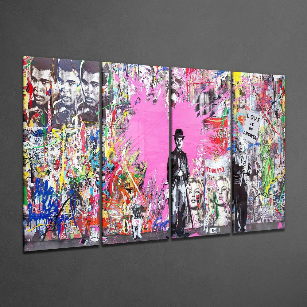 Charlie, Einstein and Banksy 4 Pieces Mega Glass Wall Art (59"x36") | Insigne Art Design.